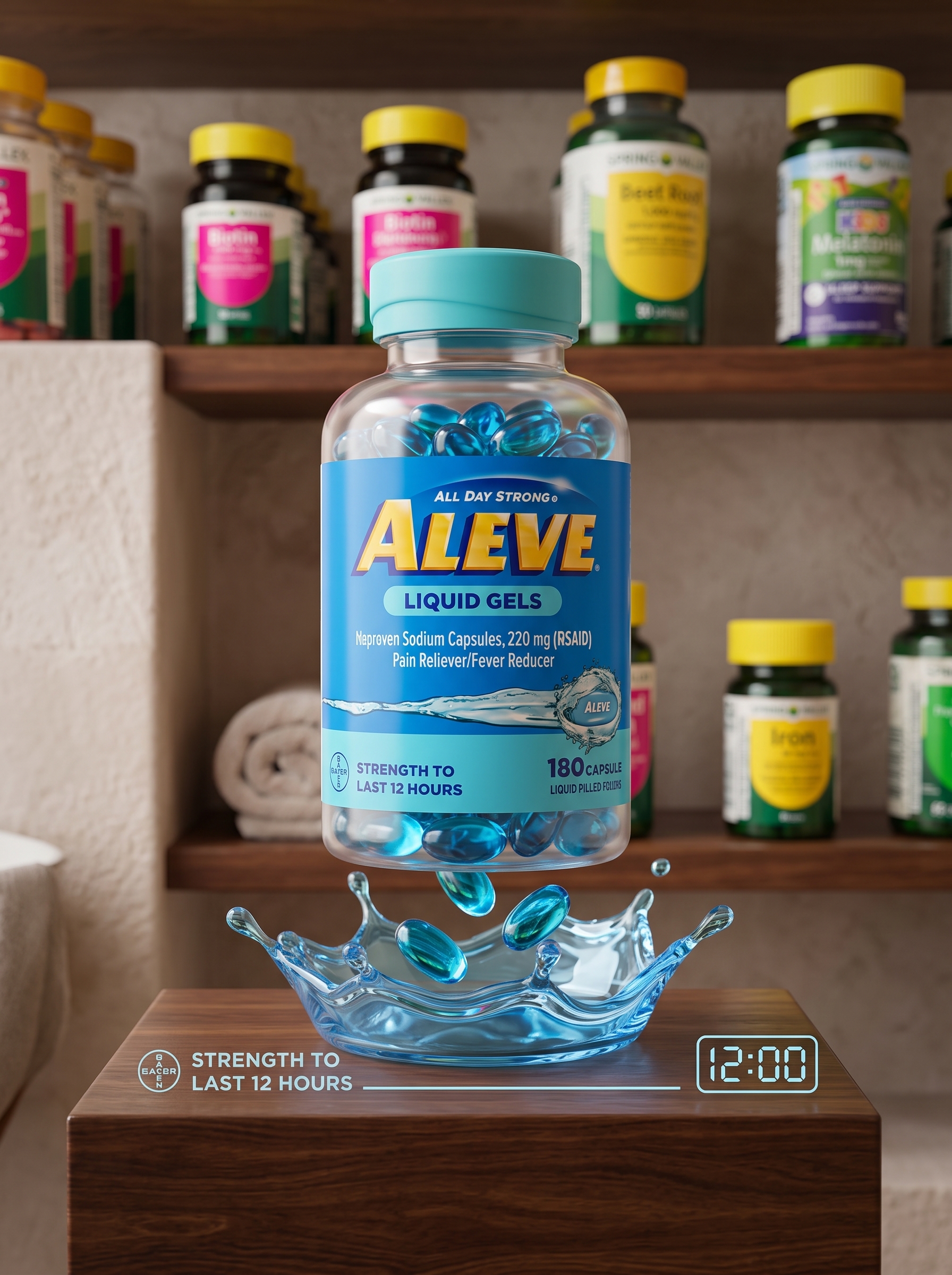 aleve1 کپسول مسکن لیکوئید ژل الیو بایر مدل Aleve Liquid Gels حاوی ناپروکسن سدیم ۲۲۰mg (اثر ماندگار ۱۲ ساعته، تسکین انواع درد مفاصل، عضلات، سردرد و تببر - ۱۸۰ عددی اصل آمریکا) - تصویر 1