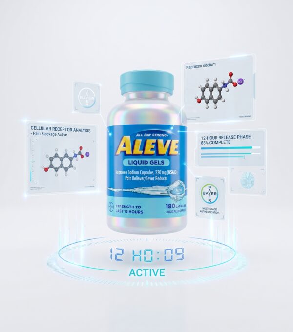 کپسول مسکن لیکوئید ژل الیو بایر مدل Aleve Liquid Gels حاوی ناپروکسن سدیم ۲۲۰mg (اثر ماندگار ۱۲ ساعته، تسکین انواع درد مفاصل، عضلات، سردرد و تب‌بر - ۱۸۰ عددی اصل آمریکا) - تصویر 2