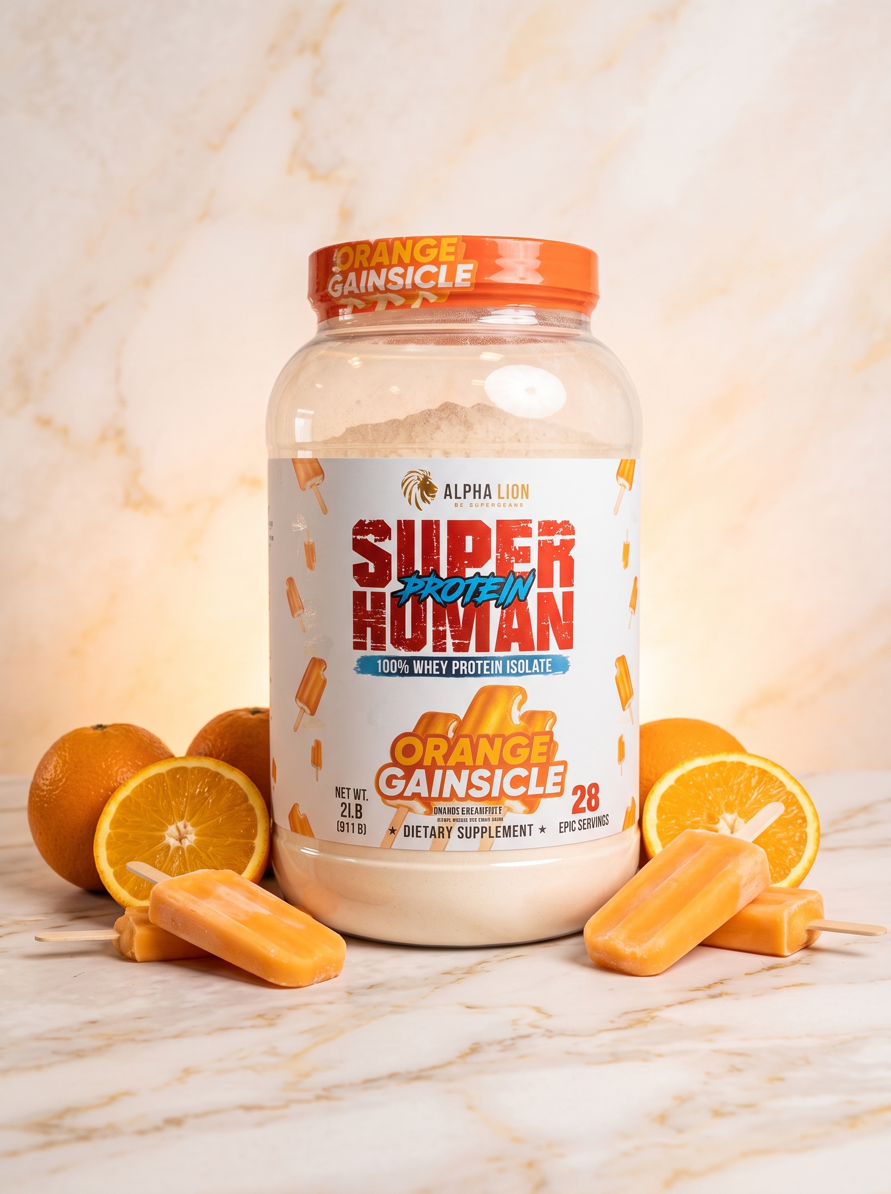 alphalionorange1 پروتئین وی ۱۰۰٪ ایزوله آلفا لاین مدل SuperHuman Protein طعم Orange Gainsicle (بستنی پرتقال و خامه، عضلهسازی خشک، زودجذب، بدون چربی و لاکتوز اضافه - ۹۱۱ گرم / ۲۸ سروینگ اصل آمریکا) - تصویر 1