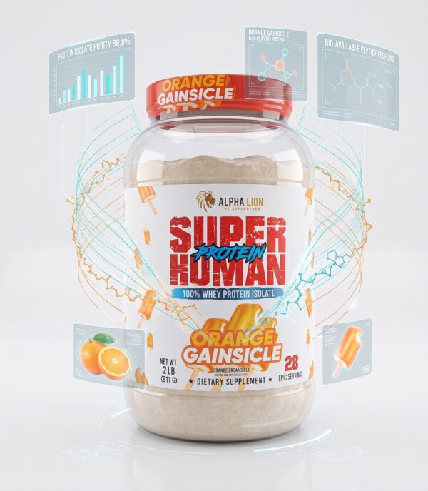 پروتئین وی ایزوله آلفا لاین مدل SuperHuman Protein طعم Orange Gainsicle (بستنی پرتقال و خامه، عضله‌سازی خشک، زودجذب، بدون چربی و لاکتوز اضافه - ۹۱۱ گرم / ۲۸ سروینگ اصل آمریکا) - تصویر 2