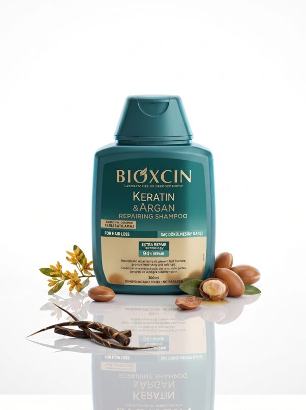 شامپو بیوکسین مدل Bioxcin Keratin & Argan حجم ۳۰۰ میلی‌لیتر ضد ریزش و ترمیم‌کننده (ترمیم تا ۹۴٪، ضد ریزش ناشی از شکستگی، نرم‌کننده، فاقد پارابن و مخصوص موهای آسیب‌دیده و کدر) - تصویر 2