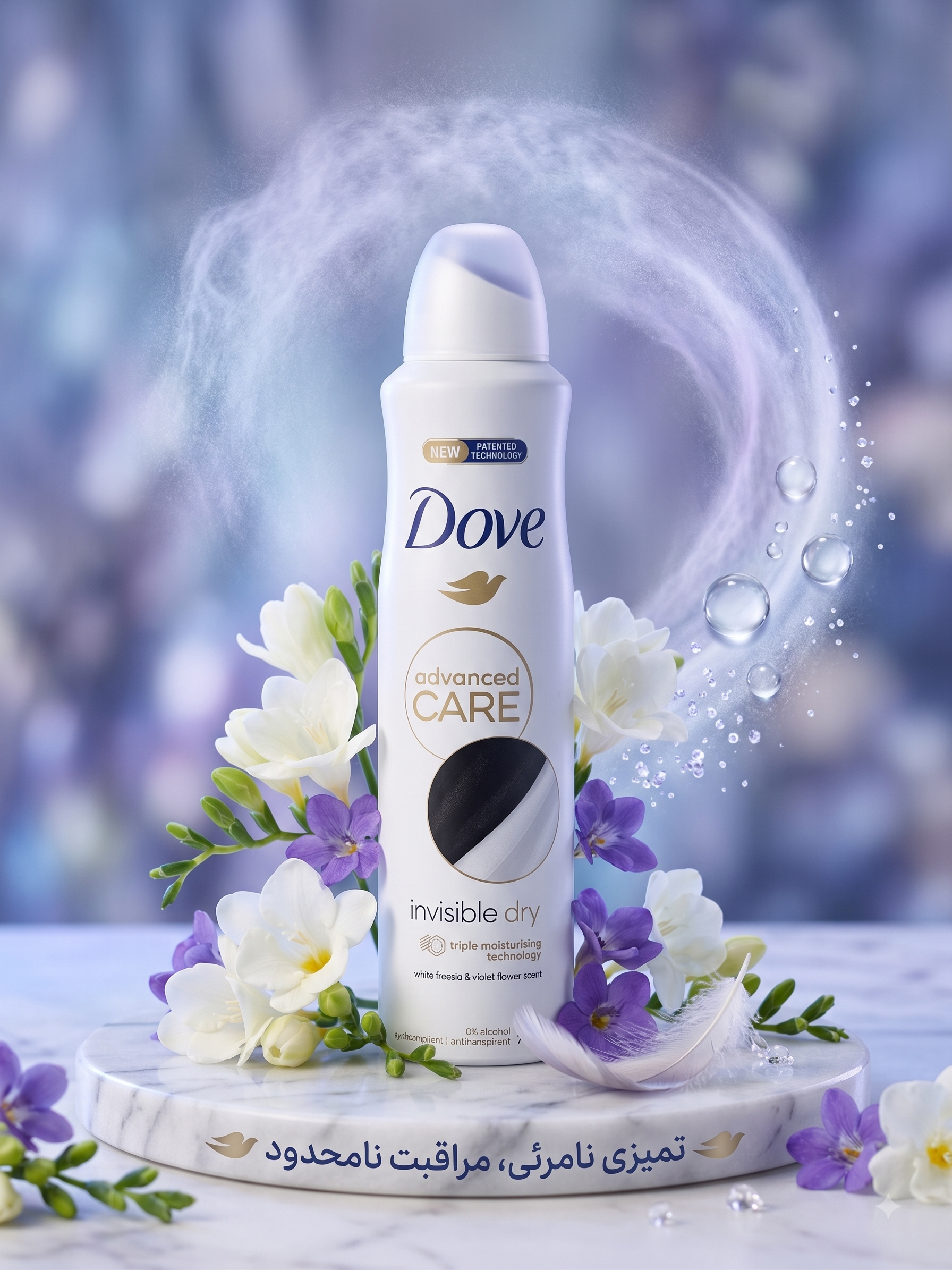 doveinvisiable اسپری ضد تعریق زنانه داو مدل Advanced Care Invisible Dry رایحه فریزیای سفید و بنفشه - تصویر 1