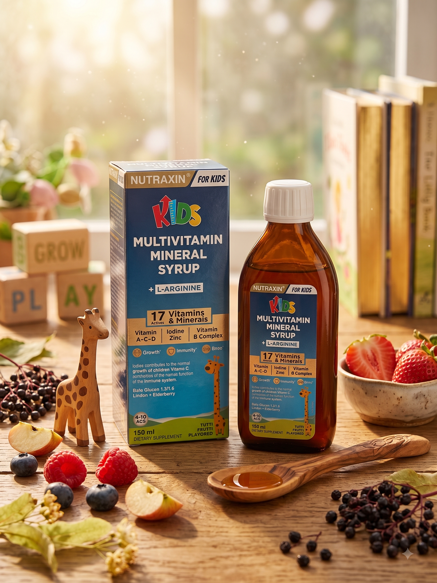 kids شربت مولتی ویتامین کودکان نوتراکسین مدل Kids Multivitamin Mineral + L-Arginine (تقویت رشد، ایمنی و استخوان - طعم توتی فروتی) - تصویر 1