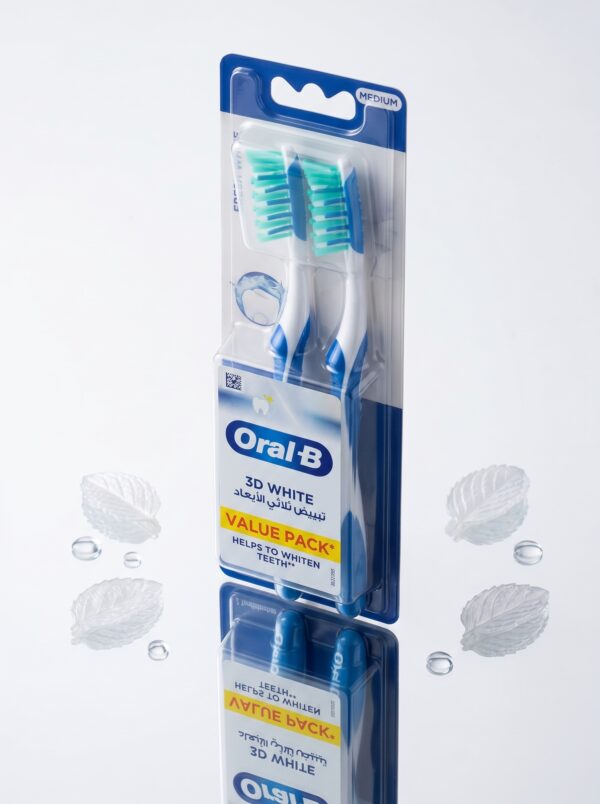 مسواک دوقلو اورال بی مدل Oral-B 3D White Fresh White با برس متوسط (Value Pack، سفیدکننده تخصصی، از بین‌برنده لکه‌های سطحی، پاک‌کننده فواصل بین دندانی و پلاک) - تصویر 2