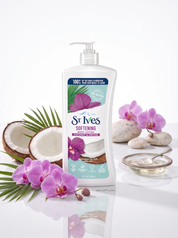 لوسیون بدن آبرسان و نرم‌کننده سنت ایوز مدل St. Ives Coconut & Orchid حجم ۶۲۱ میلی‌لیتر (حاوی عصاره ۱۰۰٪ طبیعی نارگیل و گل ارکیده، بدون پارابن، مرطوب‌کننده ۲۴ ساعته و رفع خشکی پوست) - تصویر 2