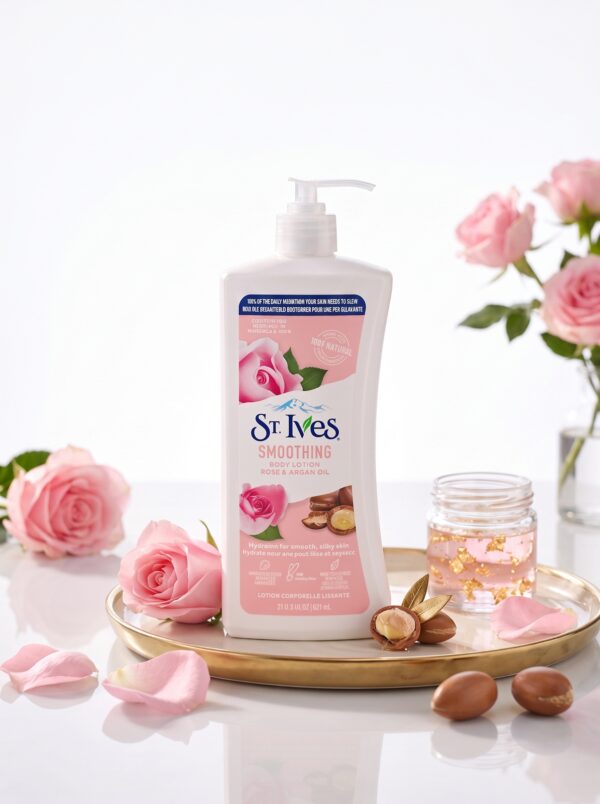 لوسیون بدن آبرسان و صاف‌کننده سنت ایوز مدل St. Ives Rose & Argan Oil حجم ۶۲۱ میلی‌لیتر (حاوی عصاره گل رز و روغن آرگان ۱۰۰٪ طبیعی، بدون پارابن، مرطوب‌کننده ۲۴ ساعته و درخشان‌کننده پوست) - تصویر 2