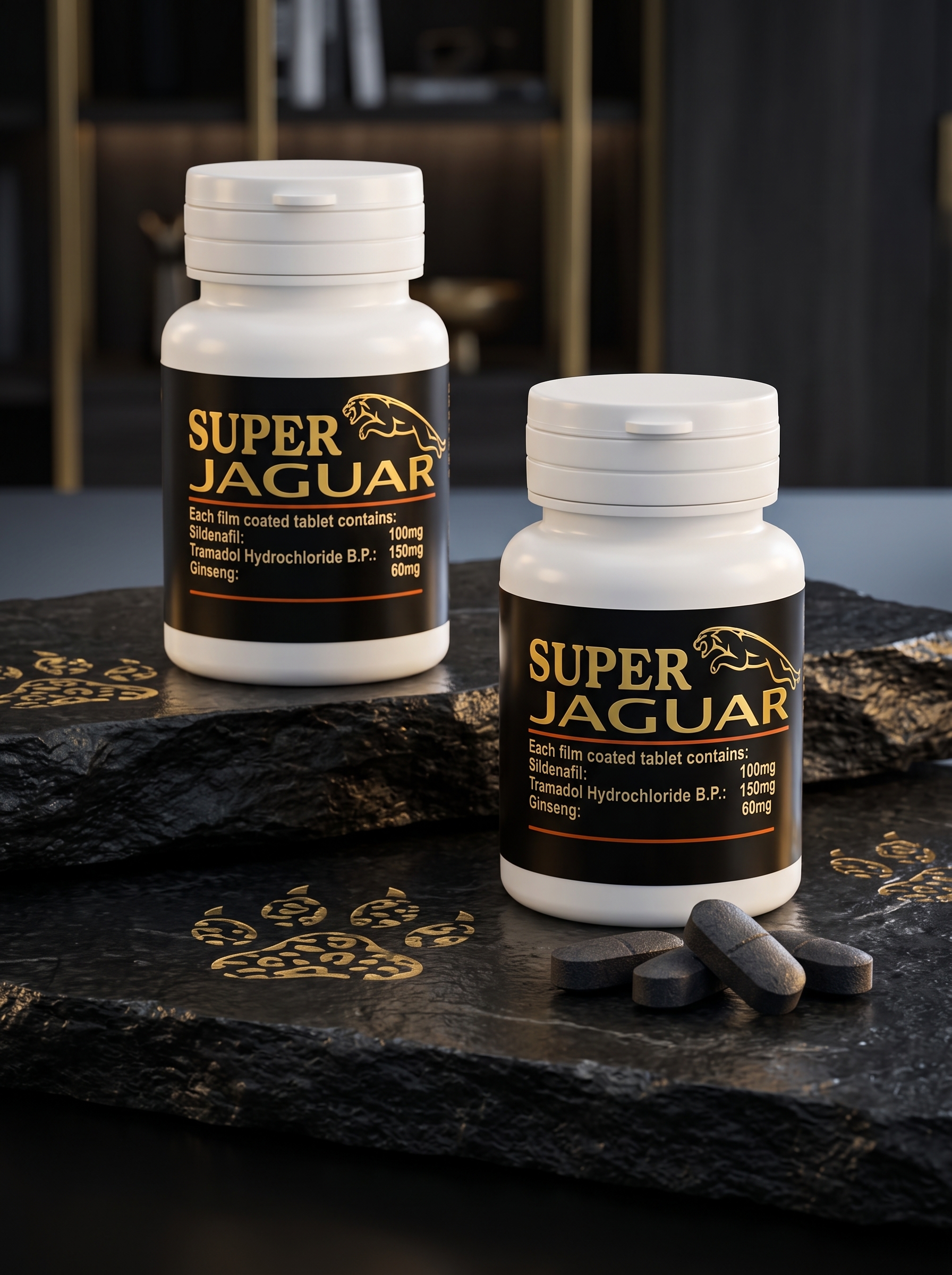 super jaguar1 قرص تقویت قوای جنسی و تاخیری سوپر جگوار مدل SUPER JAGUAR (ترکیب سیلدنافیل ۱۰۰mg، ترامادول هیدروکلراید ۱۵۰mg و جینسینگ ۶۰mg - مخصوص آقایان) - تصویر 1