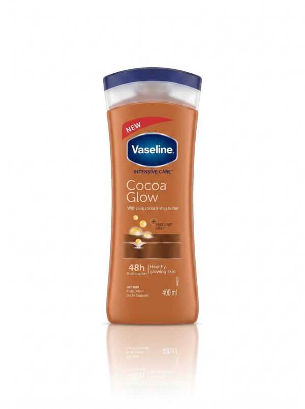 لوسیون بدن وازلین اینتنسیوکر مدل Cocoa Glow حاوی کره کاکائو خالص و شی‌باتر (آبرسان ۴۸ ساعته، درخشان‌کننده و ترمیم‌کننده پوست خشک - ۴۰۰ میلی‌لیتر) - تصویر 2